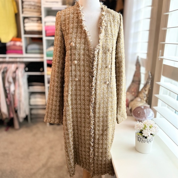 Elie Tahari Metallic Gold Tweed Long Coat Size Small NWT - Picture 2 of 8